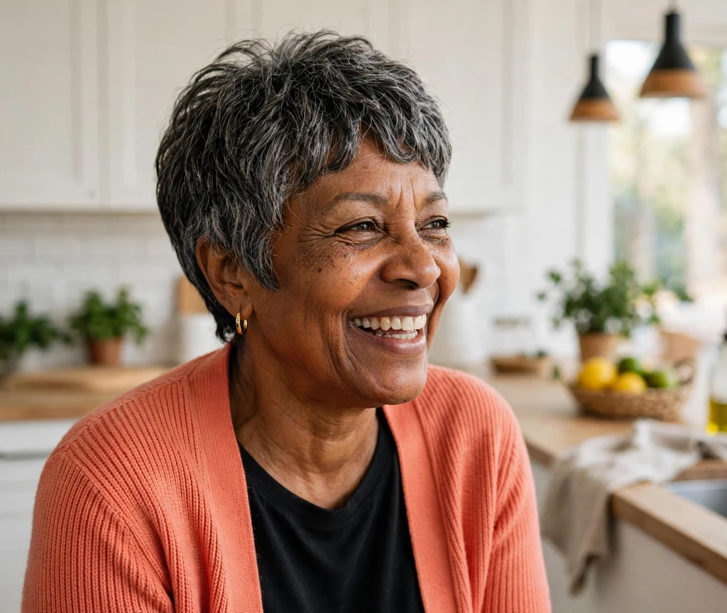 Classic textured pixie bob on salt-and-pepper hair, cheerful Black woman in her early 60s, coral cardigan, bright kitchen