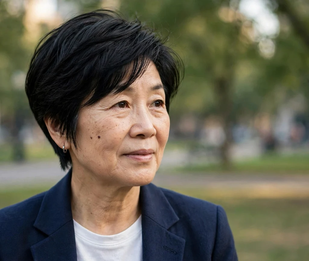 Sleek black layered bixie with side part, East Asian woman in her mid 60s, navy blazer, city park