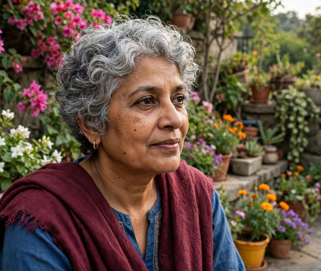 Soft curly silver pixie bob, South Asian woman in her late 50s, maroon shawl, garden terrace