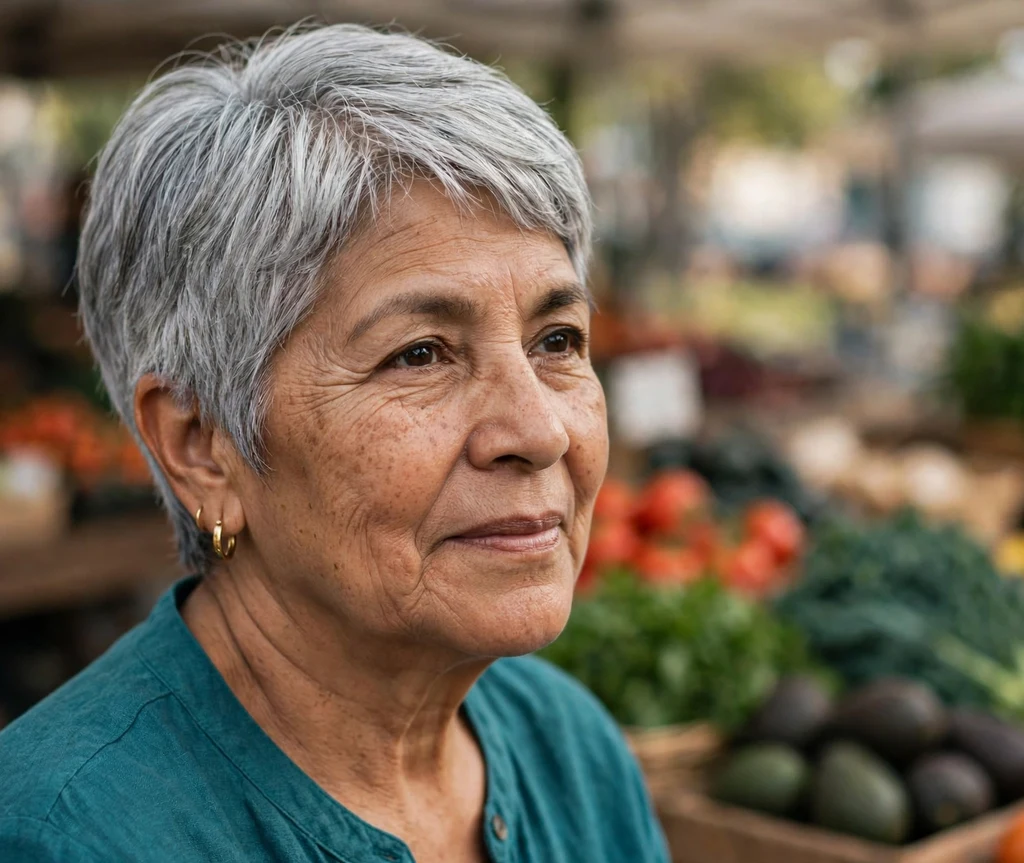 Polished silver-gray pixie bob, Latina woman in her early 60s, teal top, farmers market
