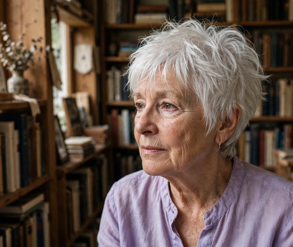 Tousled choppy pixie bob on white hair, woman in her mid 70s, lavender blouse, library