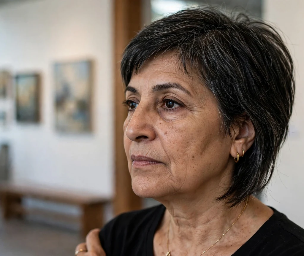 Asymmetric dark pixie bob longer on one side, Middle Eastern woman in her late 50s, black top with gold jewelry, art gallery