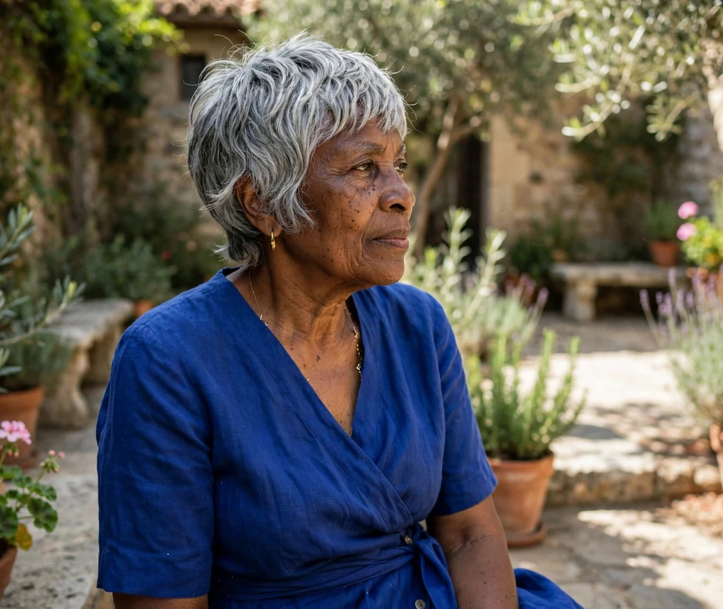 Feathered silver-gray pixie bob, Black woman in her late 60s, royal blue dress, sunlit courtyard