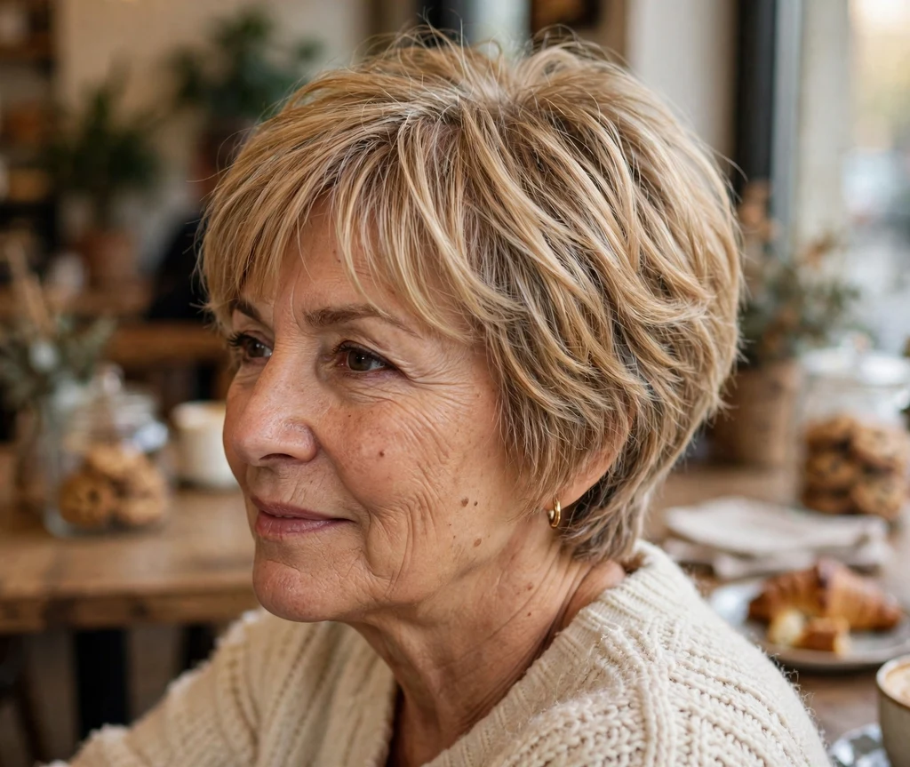 Pixie bob with soft curtain bangs on honey blonde hair, woman in her early 60s, cream sweater, cozy café