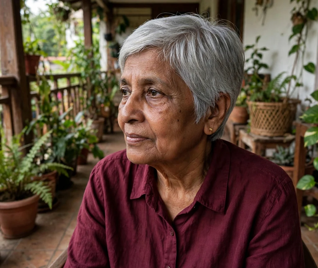 Sleek straight silver pixie bob, South Asian woman in her early 70s, burgundy blouse, home veranda