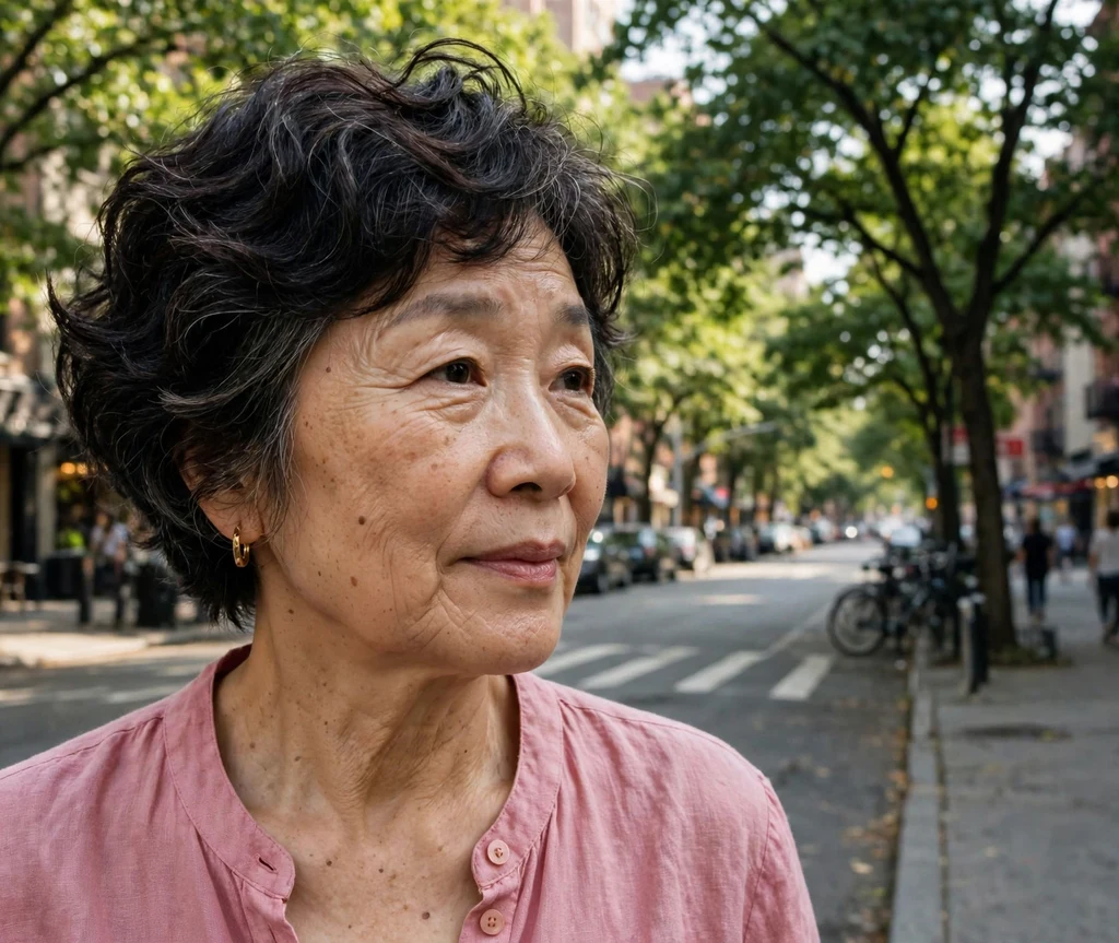 Wavy voluminous pixie bob on dark hair, East Asian woman in her late 50s, pink blouse, tree-lined street