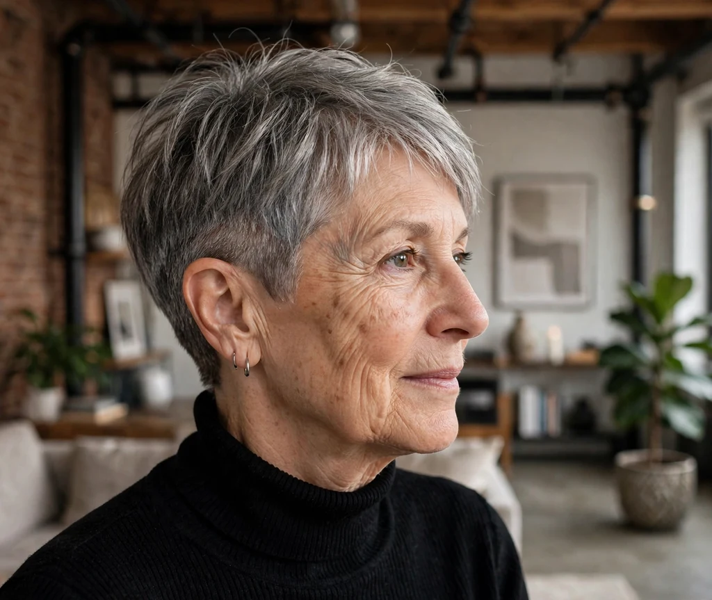 Tapered pixie bob with nape undercut on gray hair, woman in her mid 60s, black turtleneck, modern loft