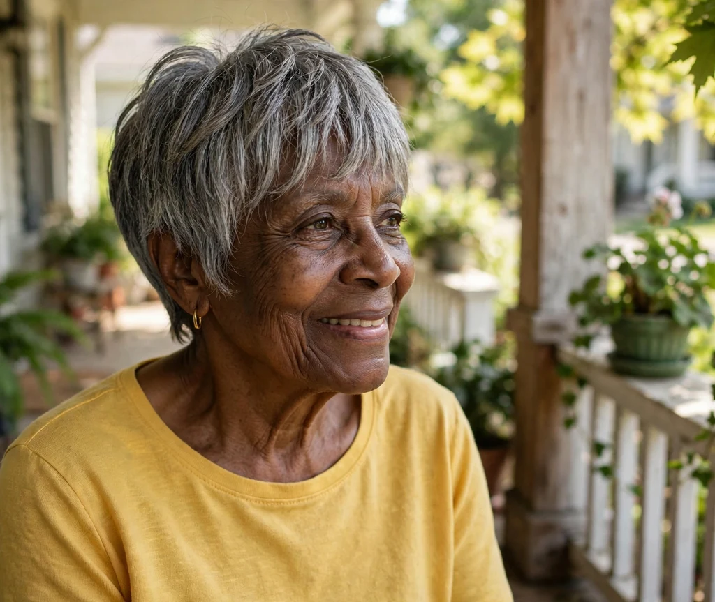 Pixie bob with wispy fringe on natural gray hair, Black woman in her mid 70s, mustard yellow top, sunny porch