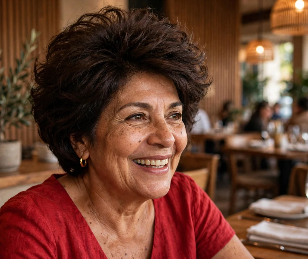 Voluminous blowout pixie bob on dark brown hair, Latina woman in her late 50s, red dress, restaurant
