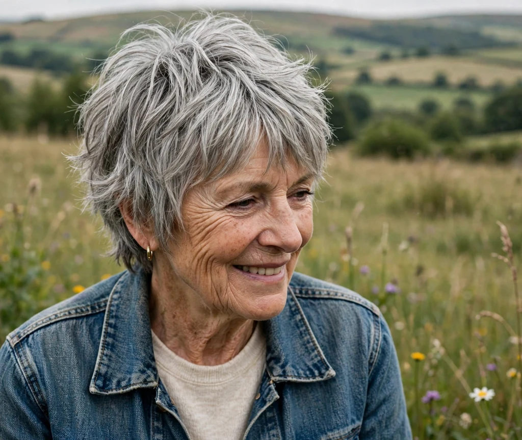 Shaggy layered silver pixie bob, woman in her early 70s, denim jacket, countryside meadow