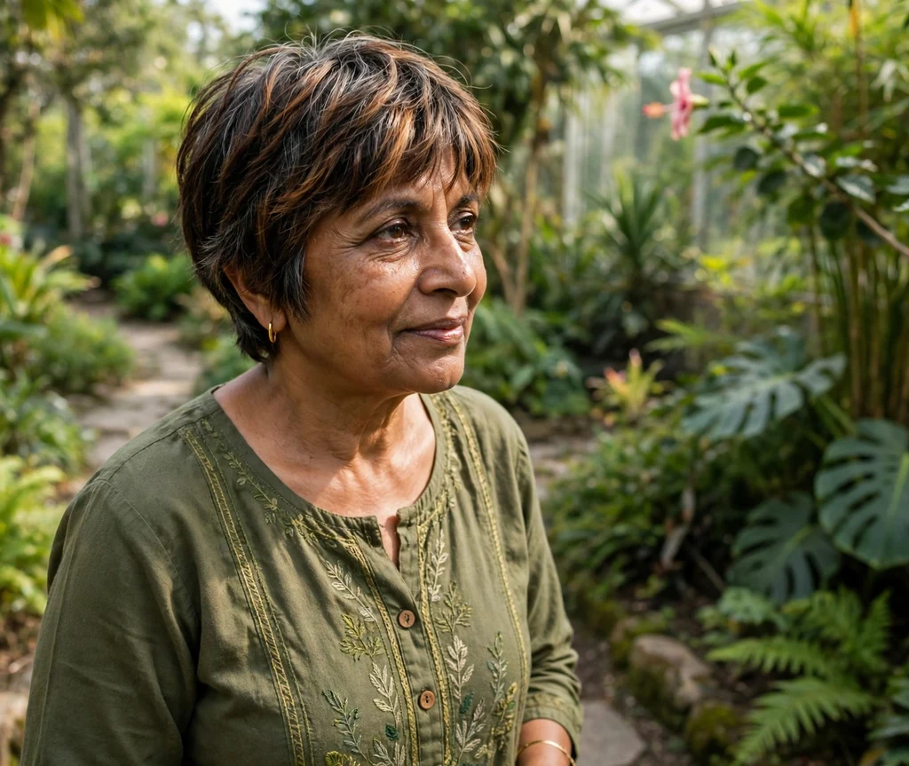 Pixie bob with face-framing caramel highlights, South Asian woman in her mid 60s, olive green kurta, botanical garden