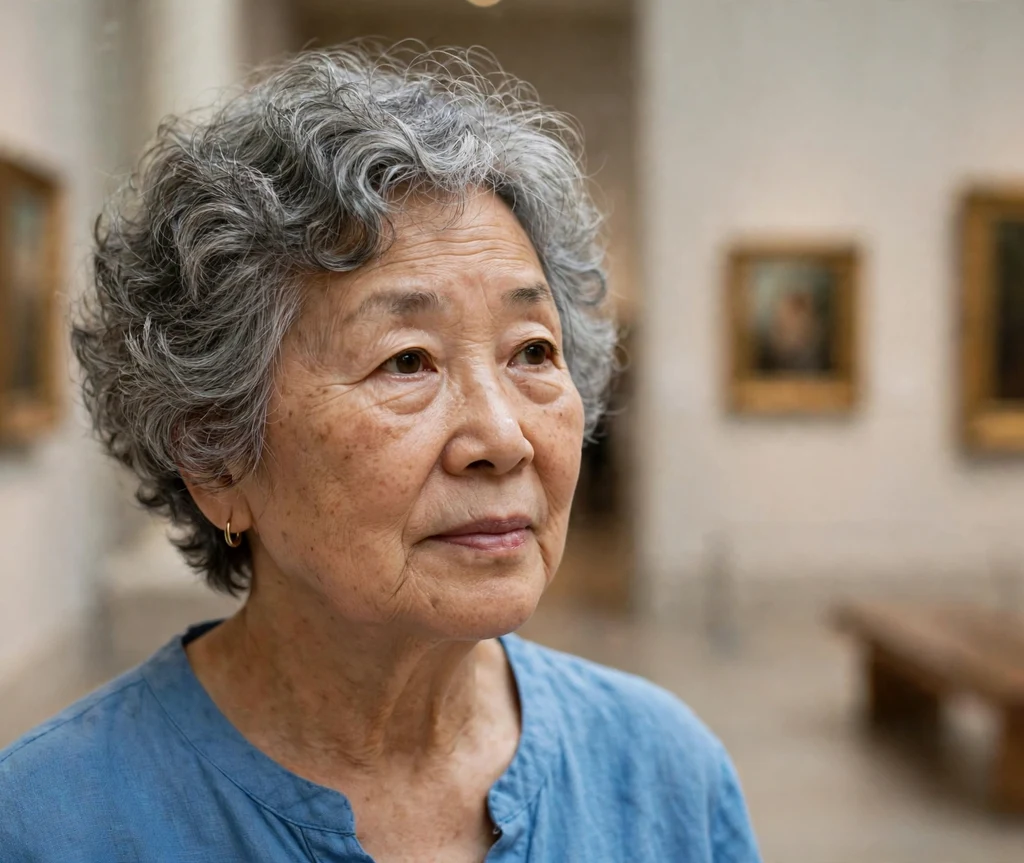 Curly gray pixie bob, East Asian woman in her early 70s, sky blue top, museum gallery