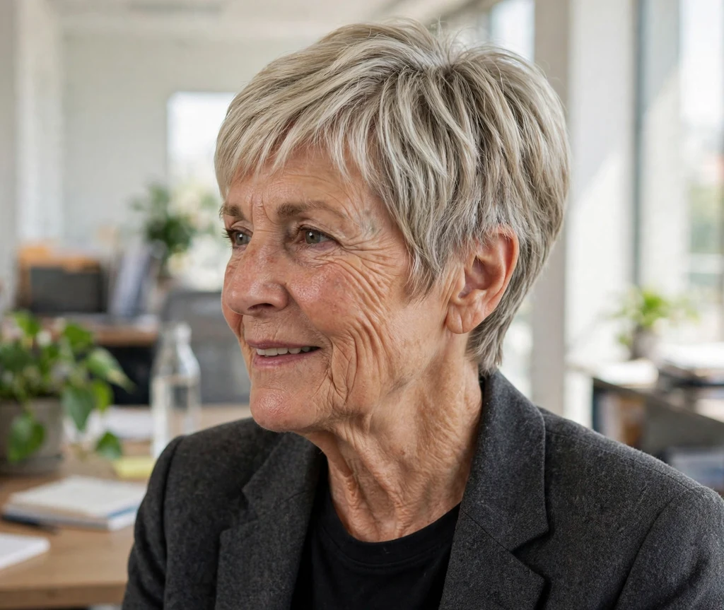 Short stacked pixie bob on ash blonde hair, woman in her late 60s, charcoal blazer, bright office