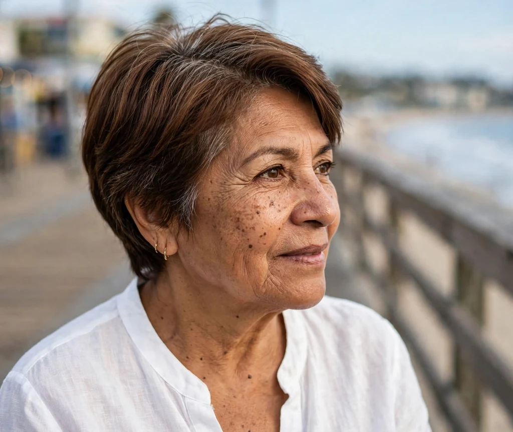 Pixie bob with deep side part on chestnut hair, Latina woman in her mid 60s, white blouse, beach boardwalk