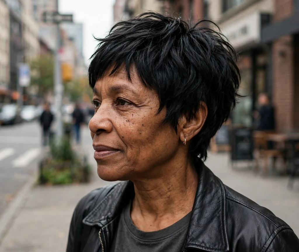 Edgy textured pixie bob with razored ends on jet black hair, Black woman in her late 50s, leather jacket, city street