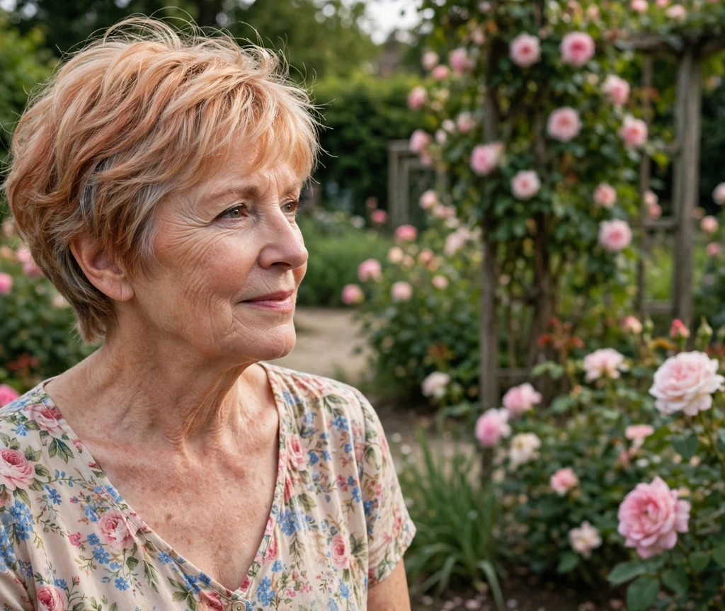 Soft romantic pixie bob on strawberry blonde hair, woman in her mid 60s, floral dress, rose garden