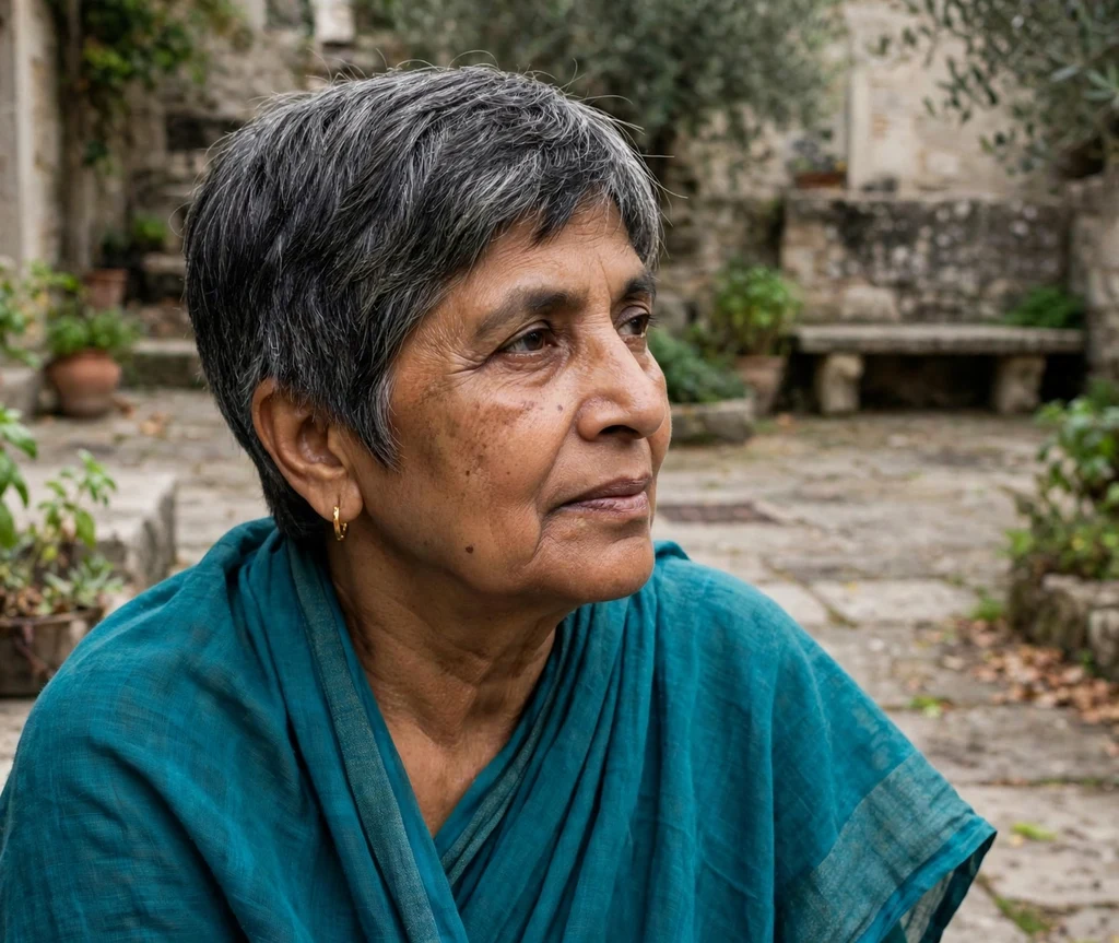 Pixie bob with tapered sides on dark gray hair, South Asian woman in her late 60s, teal sari, stone courtyard