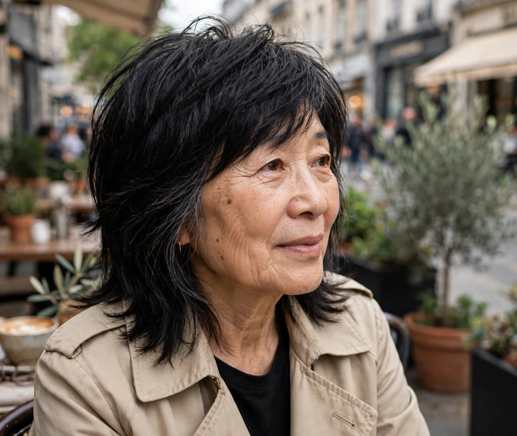 Long-layered pixie bob on black hair, East Asian woman in her early 60s, beige trench coat, city café terrace