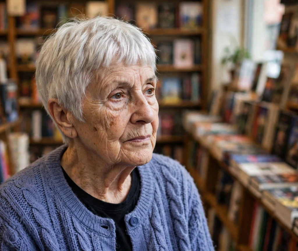 Pixie bob with short baby bangs on white hair, woman in her late 70s, periwinkle cardigan, bookstore
