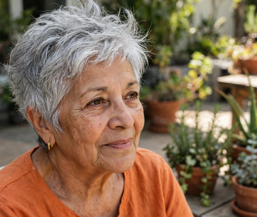 Messy bedhead-style silver pixie bob, Latina woman in her early 70s, orange top, sunny patio