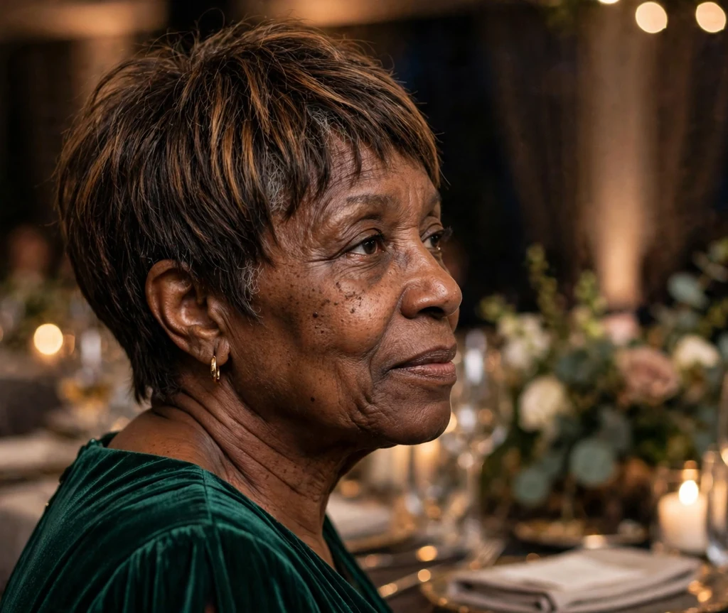 Pixie bob with soft caramel balayage, Black woman in her early 60s, emerald dress, evening event
