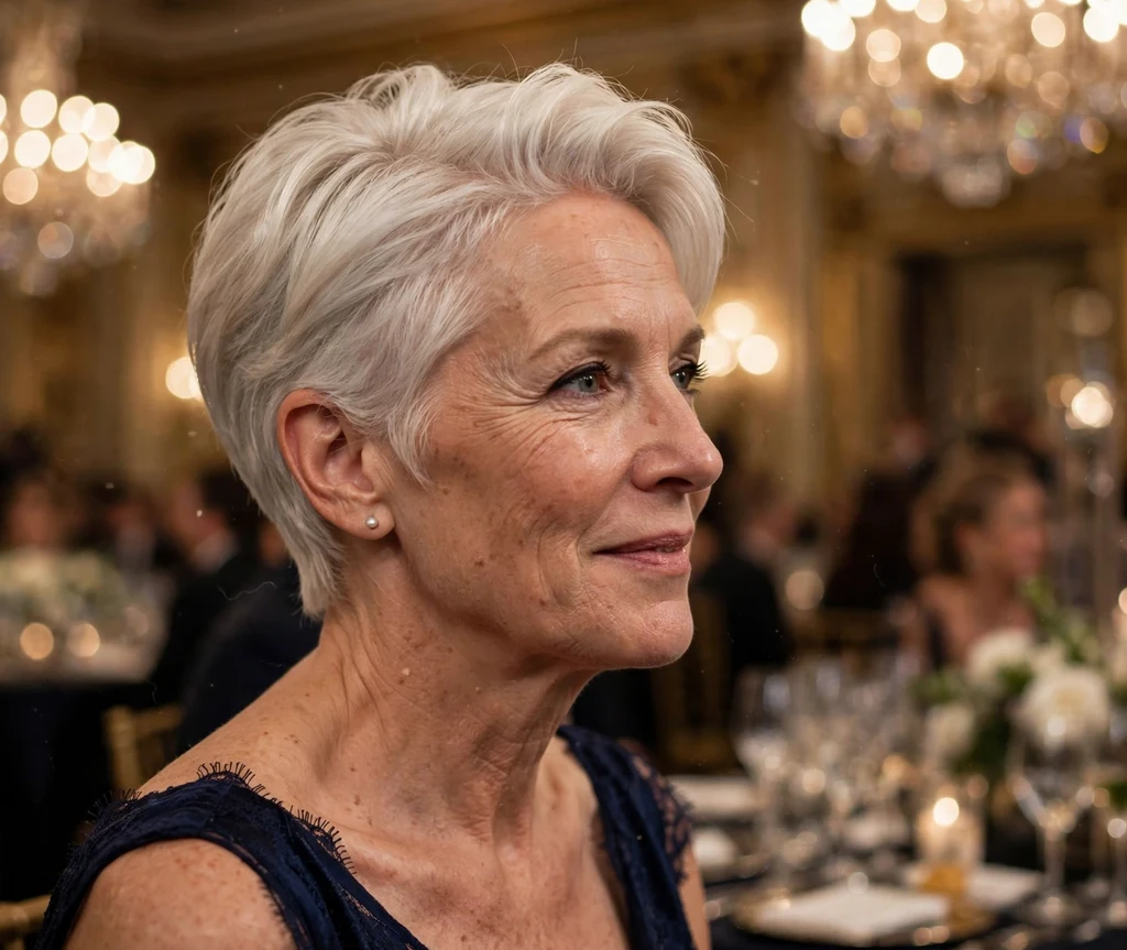 Elegant swept-back platinum pixie bob, woman in her late 50s, navy evening gown, gala ballroom