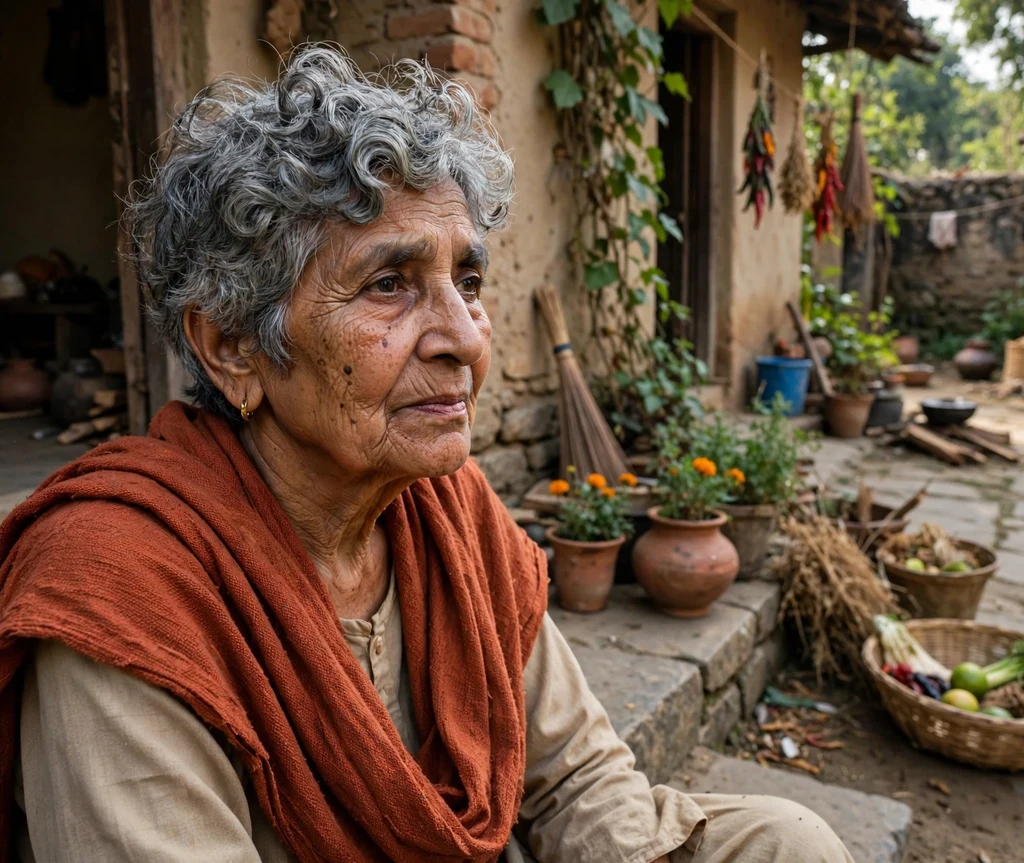 Pixie bob with defined curls on top, natural gray hair, South Asian woman in her mid 70s, rust-colored shawl, courtyard