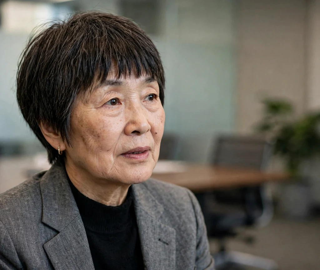 Short pixie bob with full bangs on dark brown hair, East Asian woman in her mid 60s, gray suit, conference room