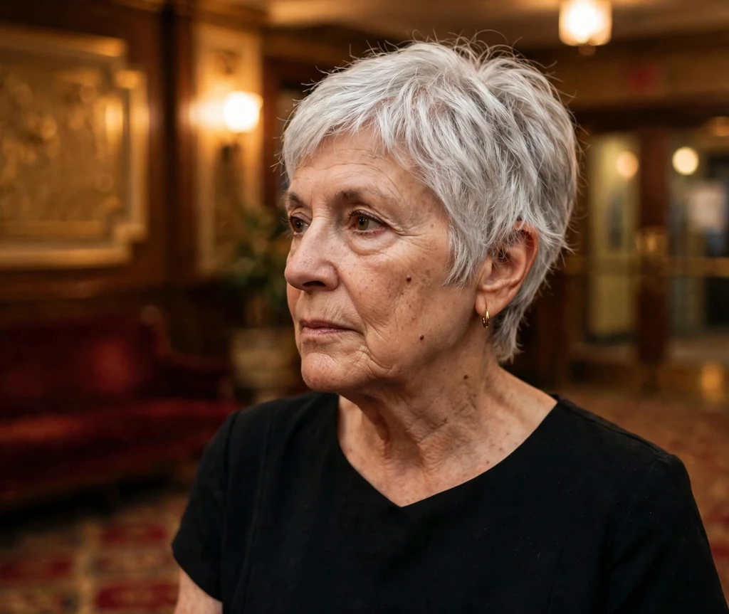 Textured white-silver pixie bob, woman in her early 70s, black dress, theater lobby