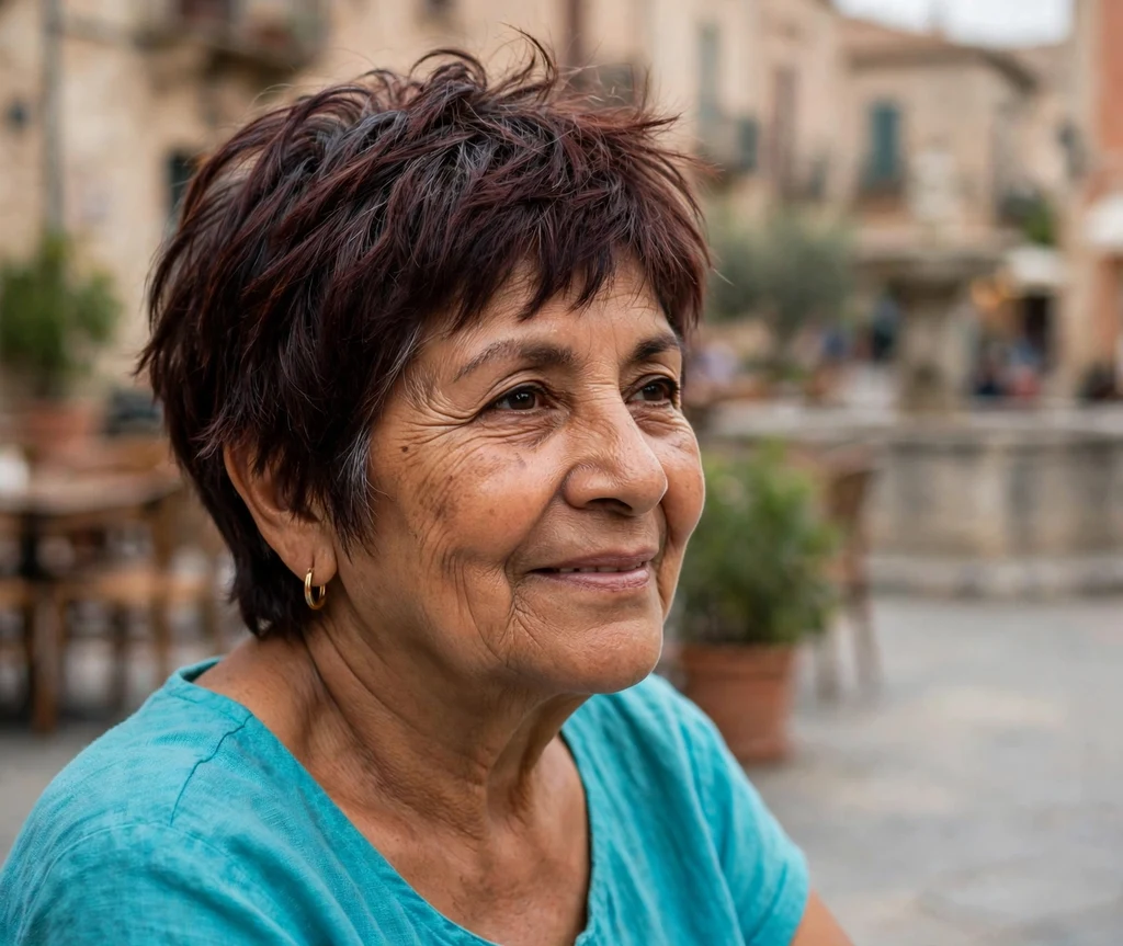 Pixie bob with choppy crown layers on dark auburn hair, Latina woman in her late 60s, turquoise top, town plaza