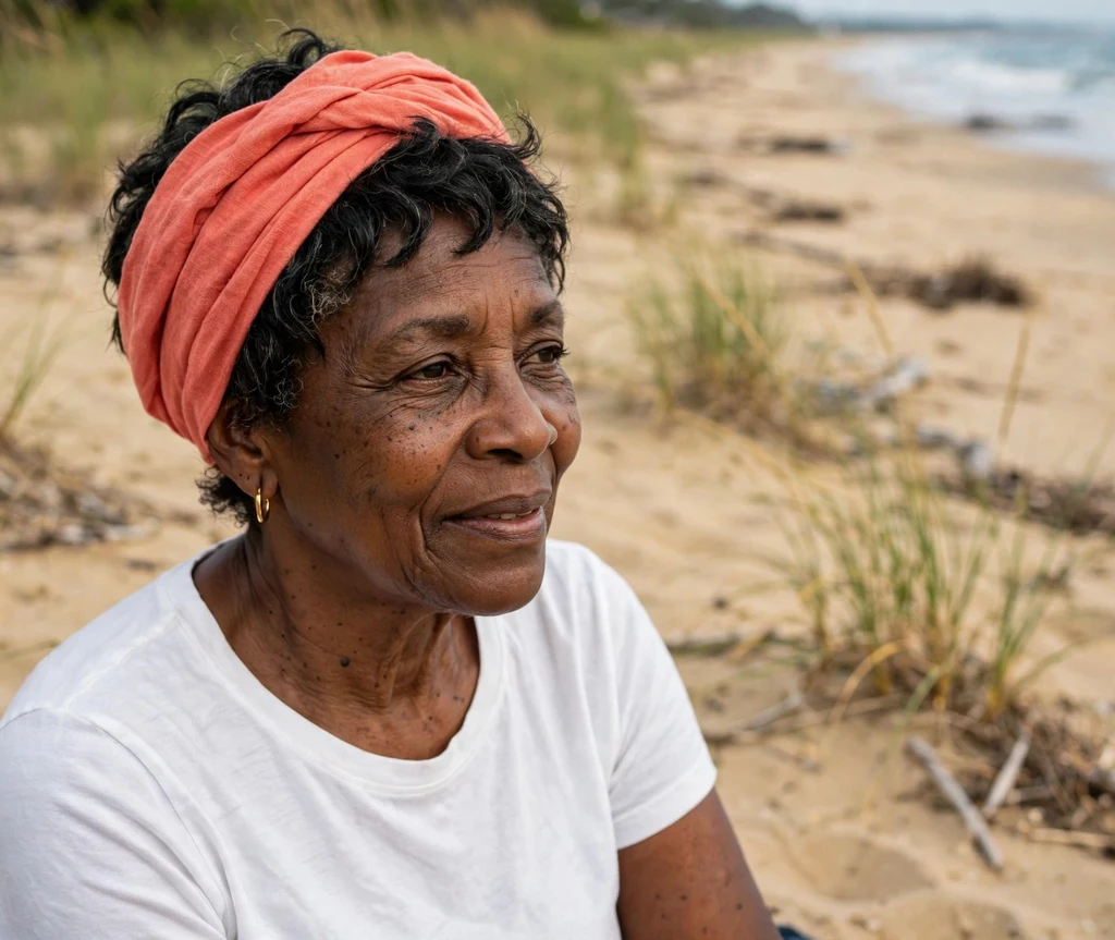 Wash-and-go natural pixie bob, Black woman in her mid 60s, coral headwrap and white top, sandy beach