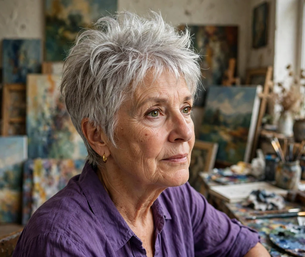 Pixie bob with voluminous lifted crown on silver hair, woman in her late 60s, purple blouse, art studio