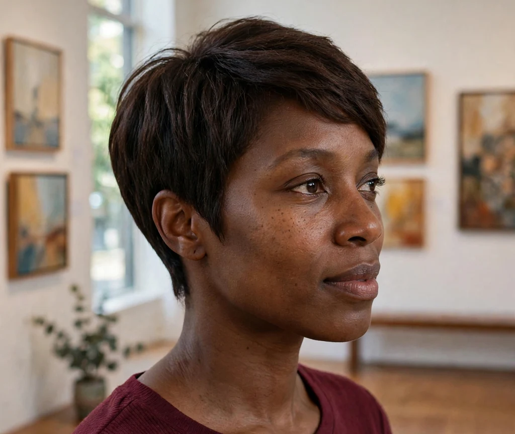 Black woman with a classic tapered pixie cut in an art gallery
