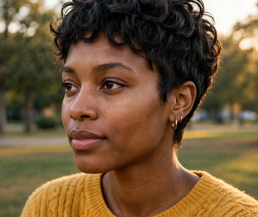 Black woman with a curly coily pixie cut in a park