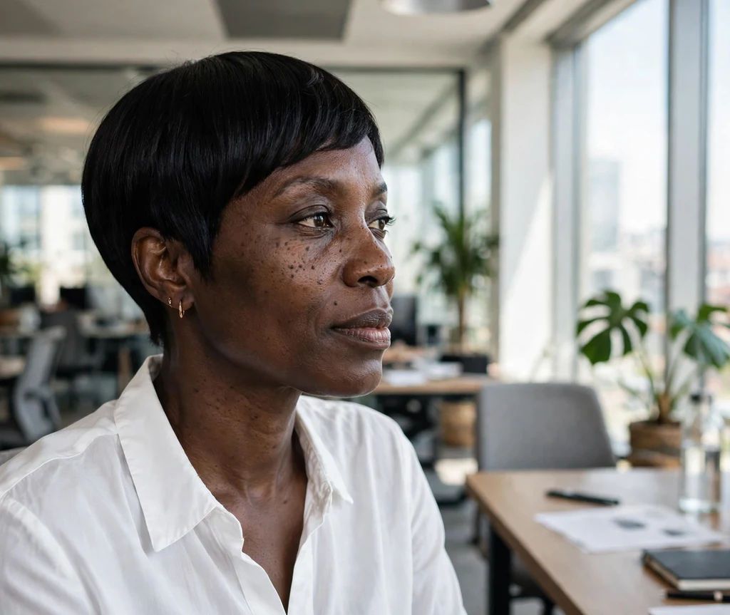 Black woman with a relaxed sleek pixie cut in an office