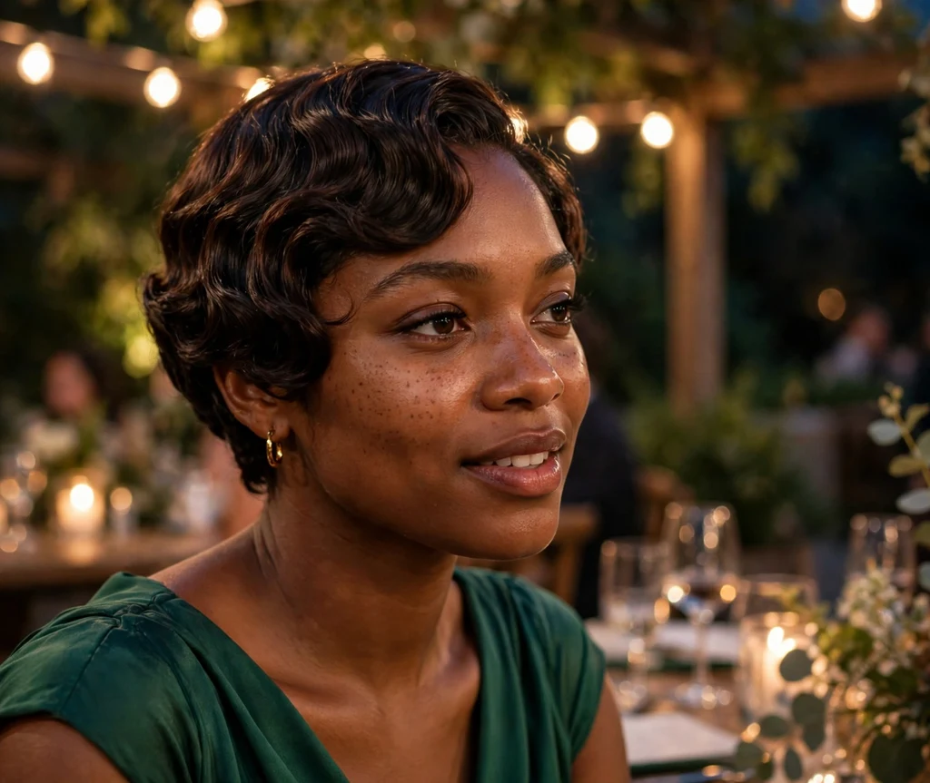 Black woman with a vintage finger waves pixie cut at an evening event