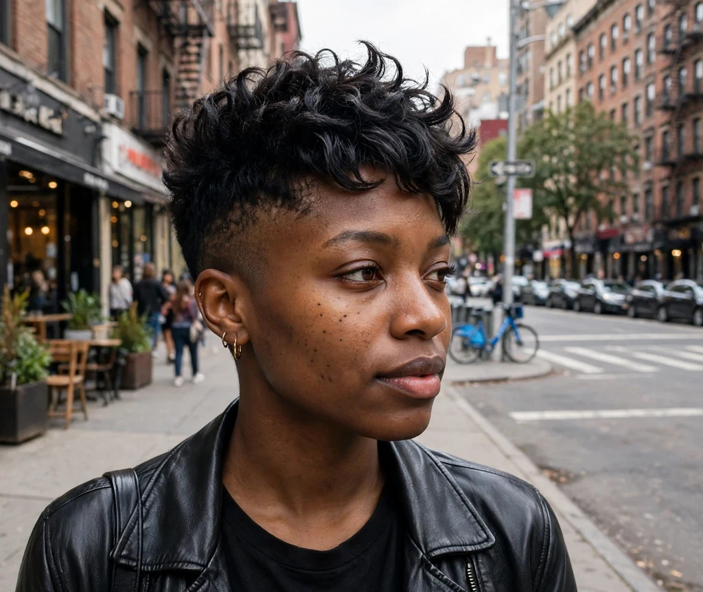 Black woman with a faux-hawk pixie cut on a city street