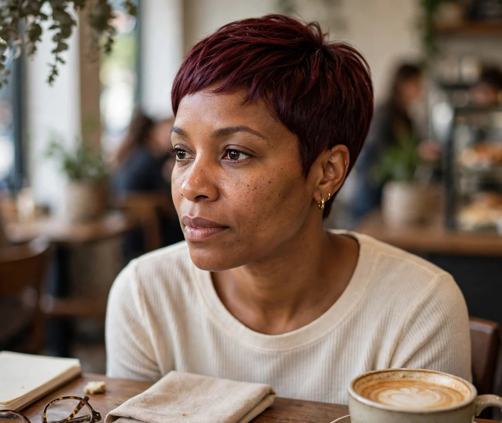 Black woman with a burgundy wine pixie cut at a coffee shop