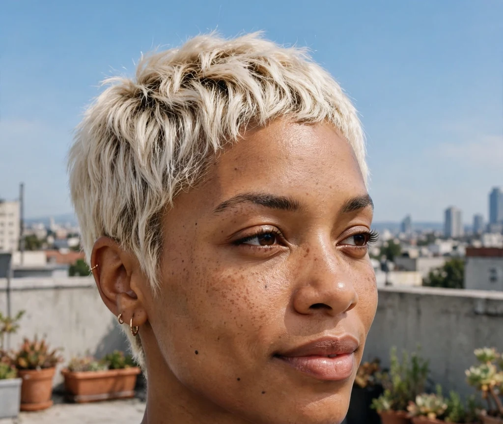 Black woman with a platinum blonde pixie cut on a rooftop