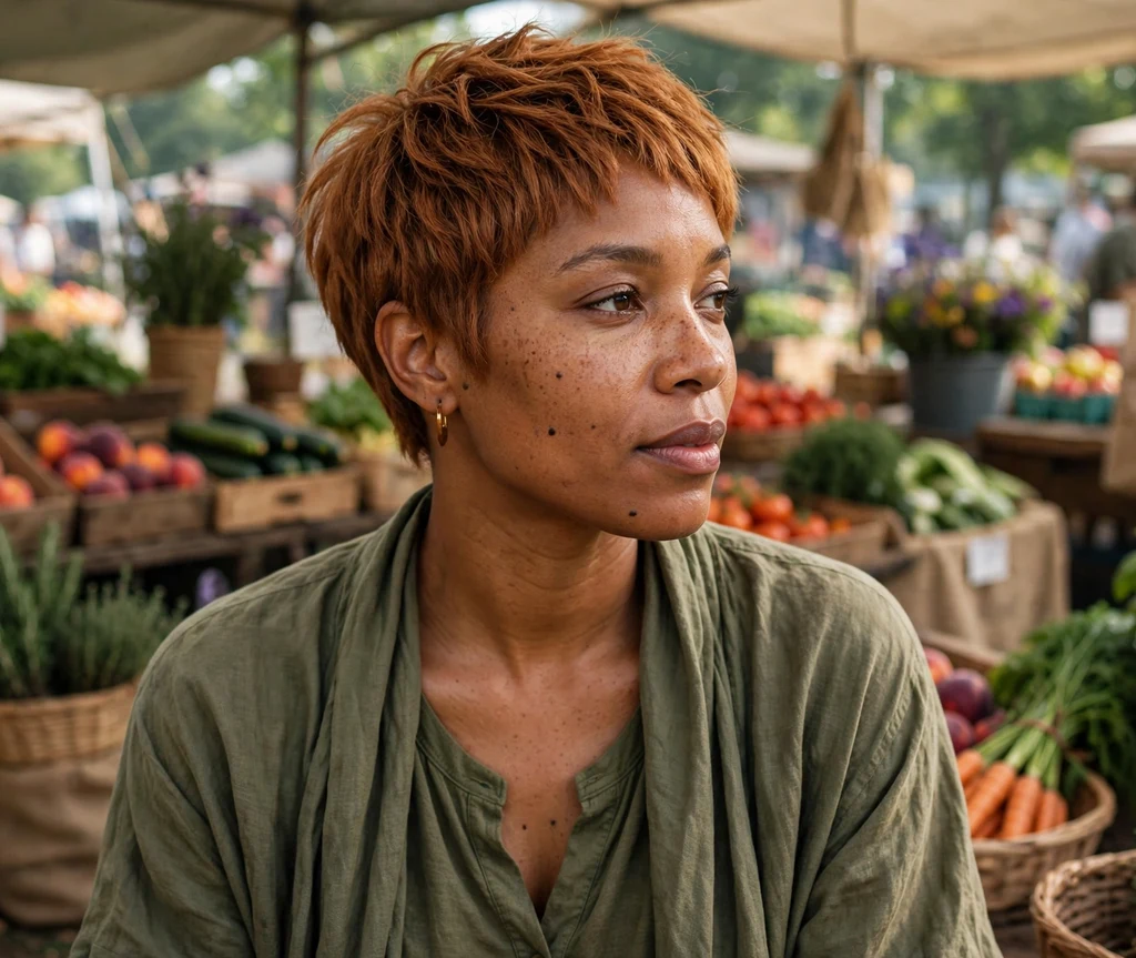 Black woman with a copper penny pixie cut at a farmers market