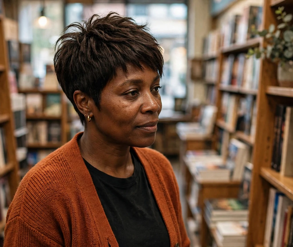 Black woman with a long-top textured pixie cut in a bookstore