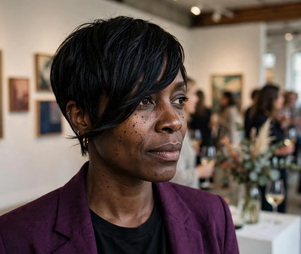 Black woman with an asymmetric side-swept pixie cut at a gallery