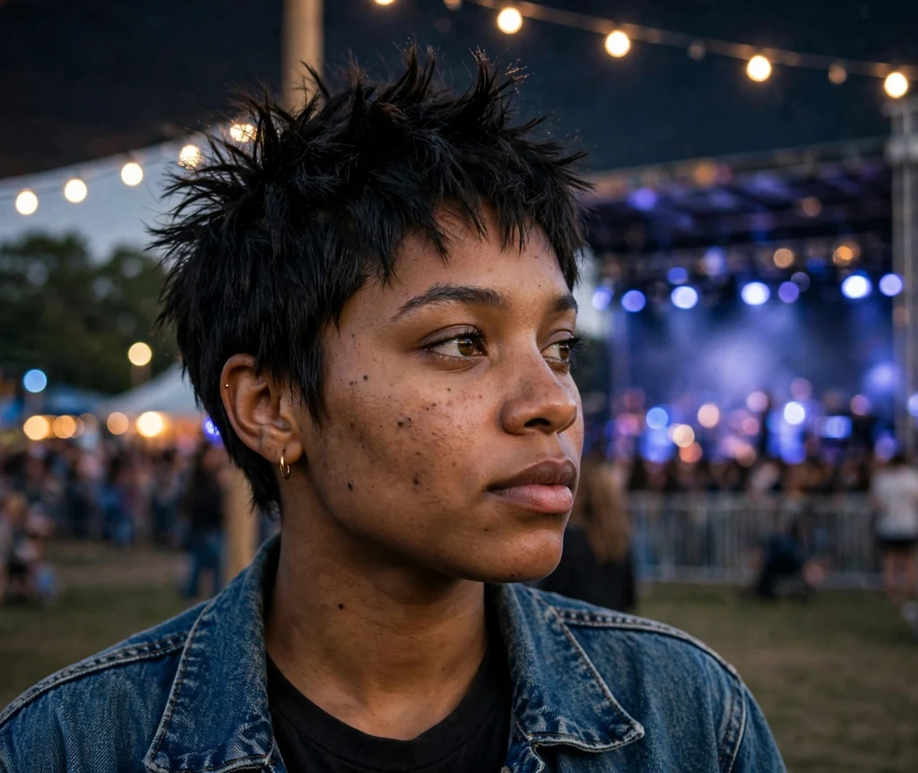 Black woman with a spiky edgy pixie cut at a concert