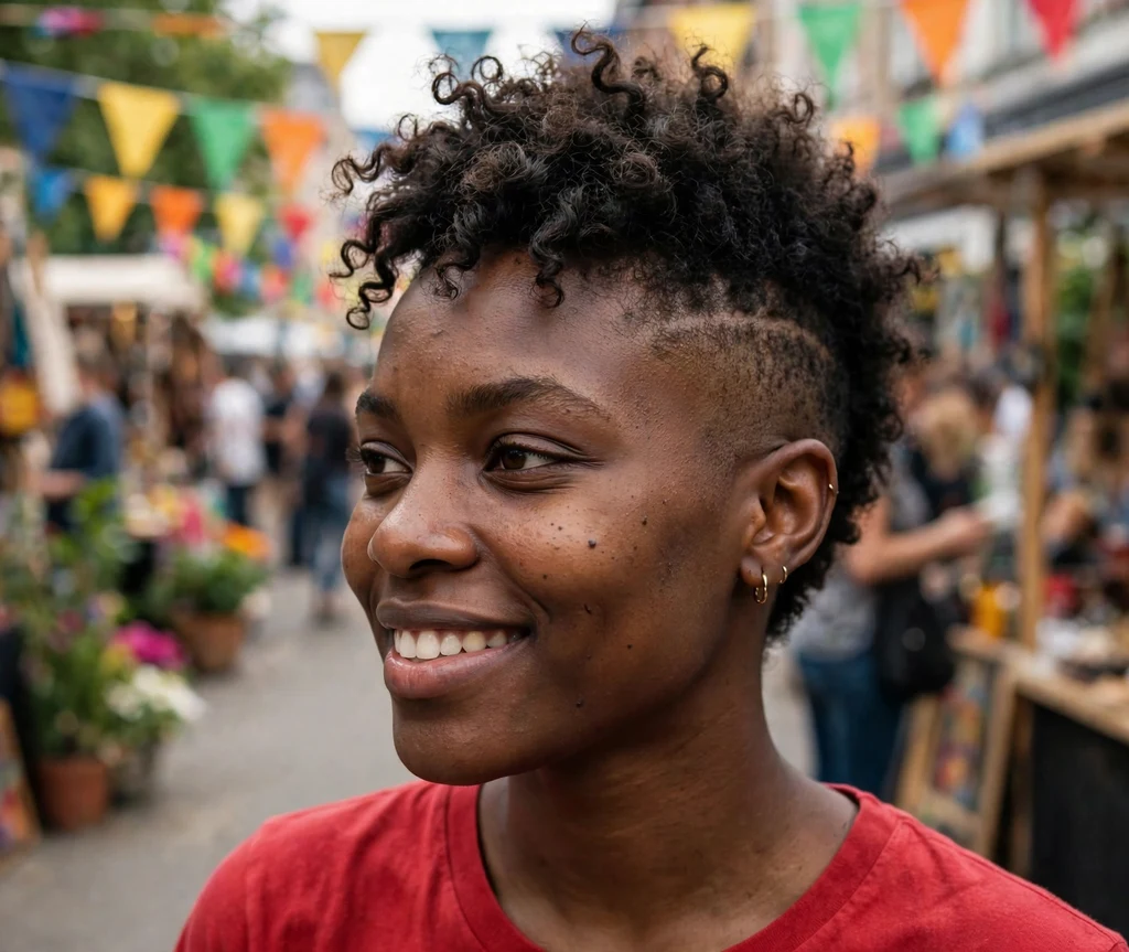 Black woman with a mohawk pixie and shaved sides at a festival
