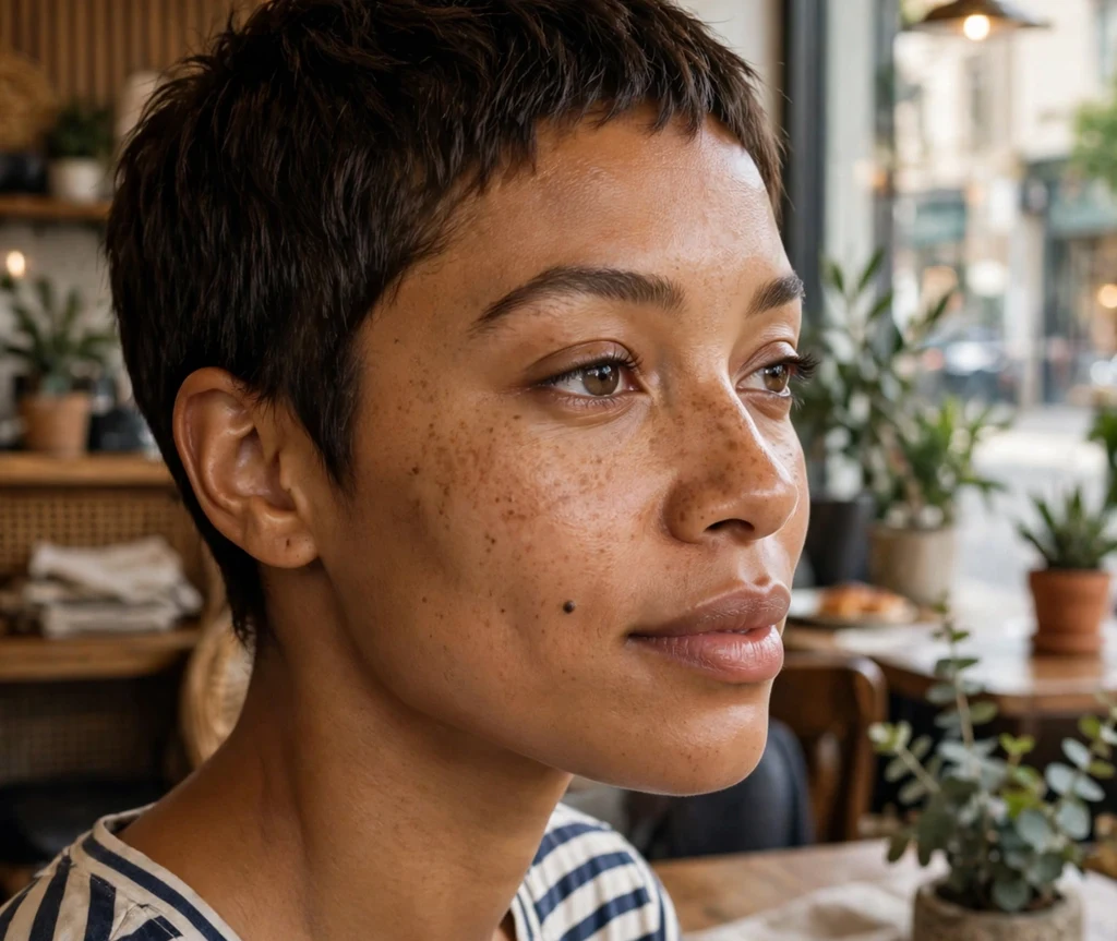 Black woman with a boyish cropped pixie cut in a cafe
