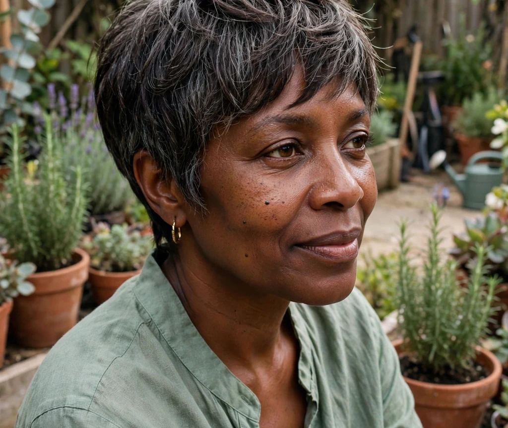 Black woman with a feathered soft pixie cut in a garden