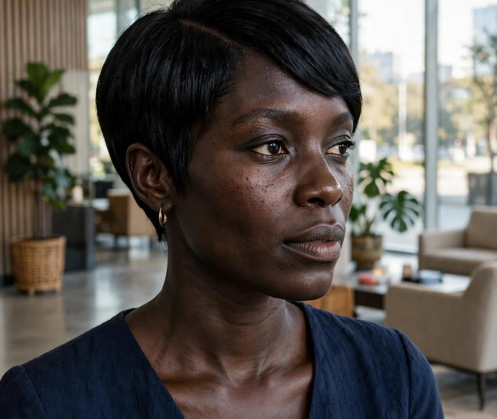 Black woman with a deep side-part pixie cut in an office lobby