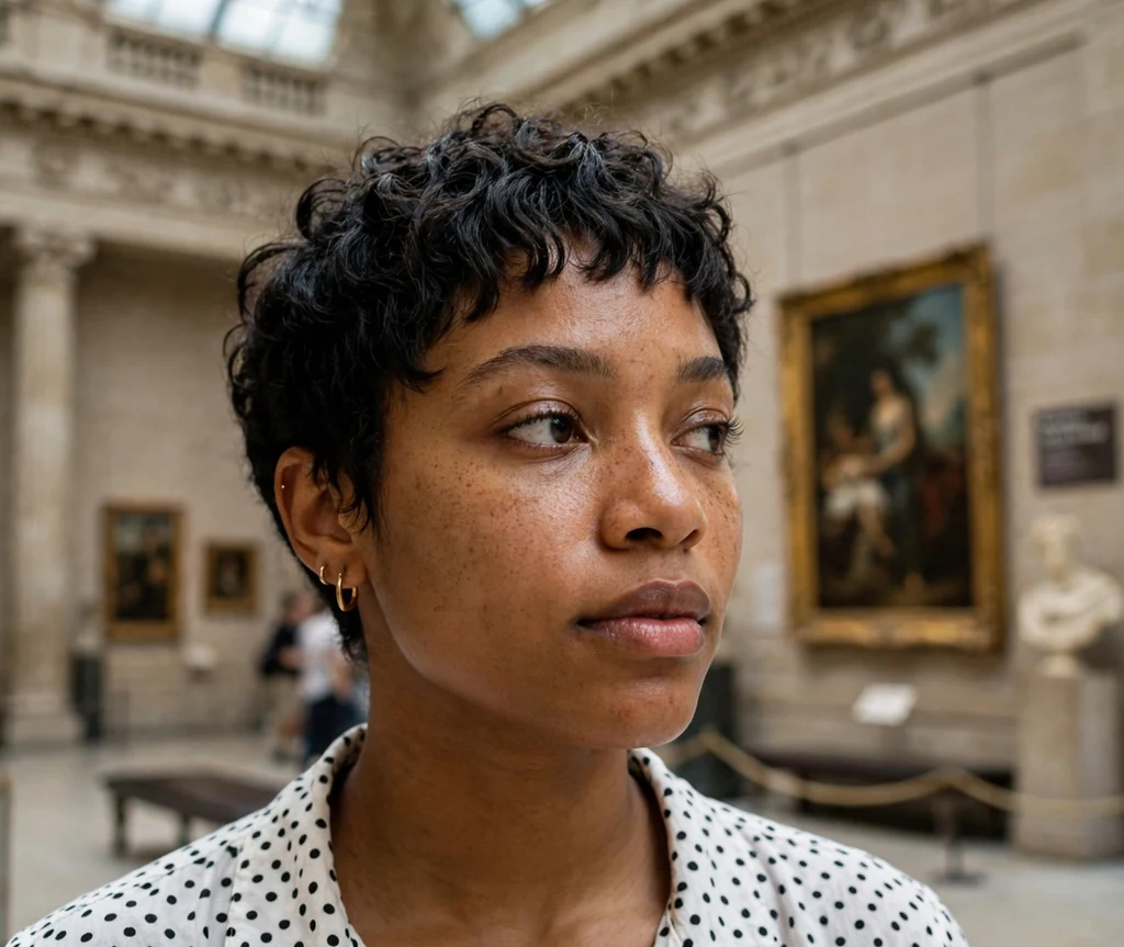 Black woman with a micro bangs pixie cut in a museum