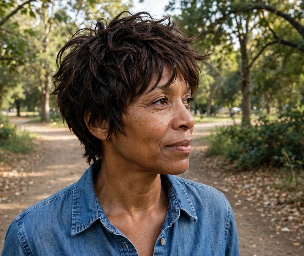 Black woman with a layered shaggy pixie cut on a park trail