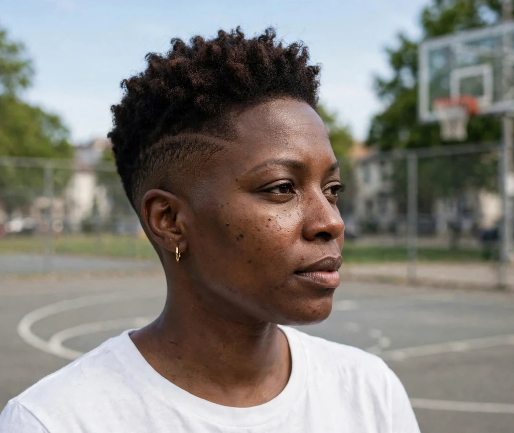 Black woman with a tapered fade pixie cut at a basketball court